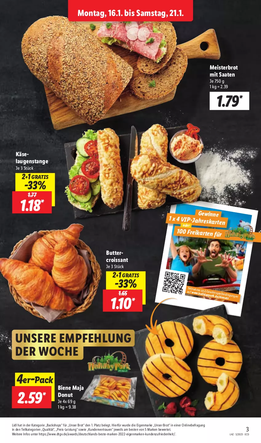 Aktueller Prospekt Lidl - Aktionsprospekt - von 16.01 bis 21.01.2023 - strona 3 - produkty: brot, butter, Croissant, Donut, donuts, eis, Käse, Laugenstange, Meister, reis, Ti