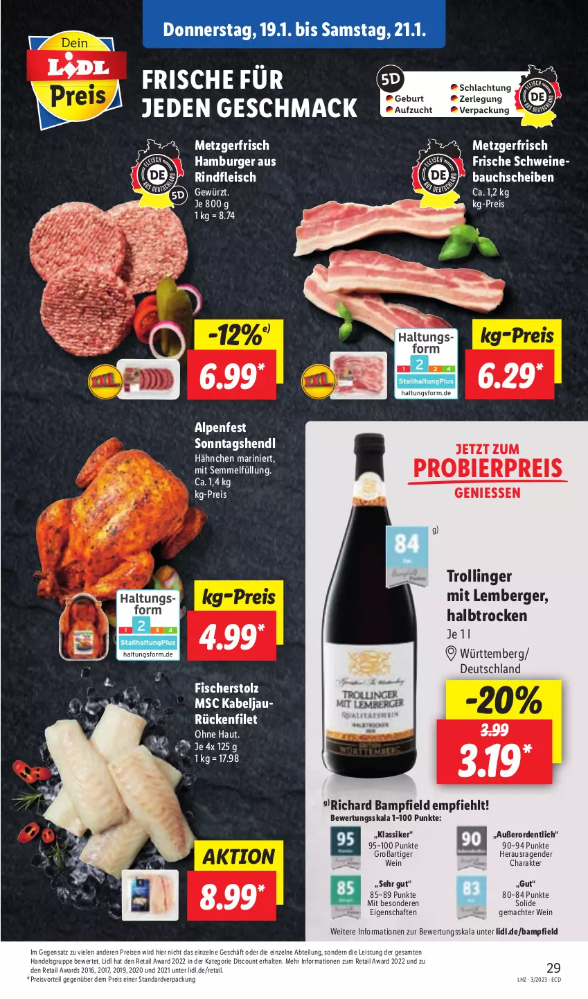 Aktueller Prospekt Lidl - Aktionsprospekt - von 16.01 bis 21.01.2023 - strona 31 - produkty: Abtei, Bau, bauchscheiben, Berger, bier, burger, discount, eis, filet, fisch, fische, Fischer, fleisch, gewürz, hamburger, Hendl, mac, preisvorteil, reis, rind, rindfleisch, schwein, schweine, Schweinebauch, schweinebauchscheiben, Semmel, Ti, trolli, trollinger, wein, weine