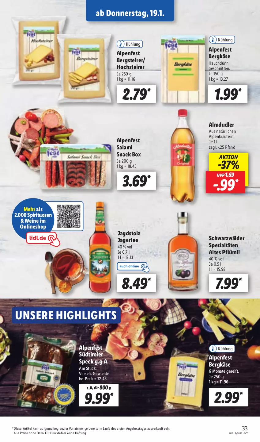 Aktueller Prospekt Lidl - Aktionsprospekt - von 16.01 bis 21.01.2023 - strona 35 - produkty: almdudler, angebot, Bergkäse, eis, Jagertee, Käse, kräuter, kräutern, reis, salami, schnitten, snack, Speck, Spezi, spirituosen, südtiroler, tee, Ti, wein, weine, ZTE