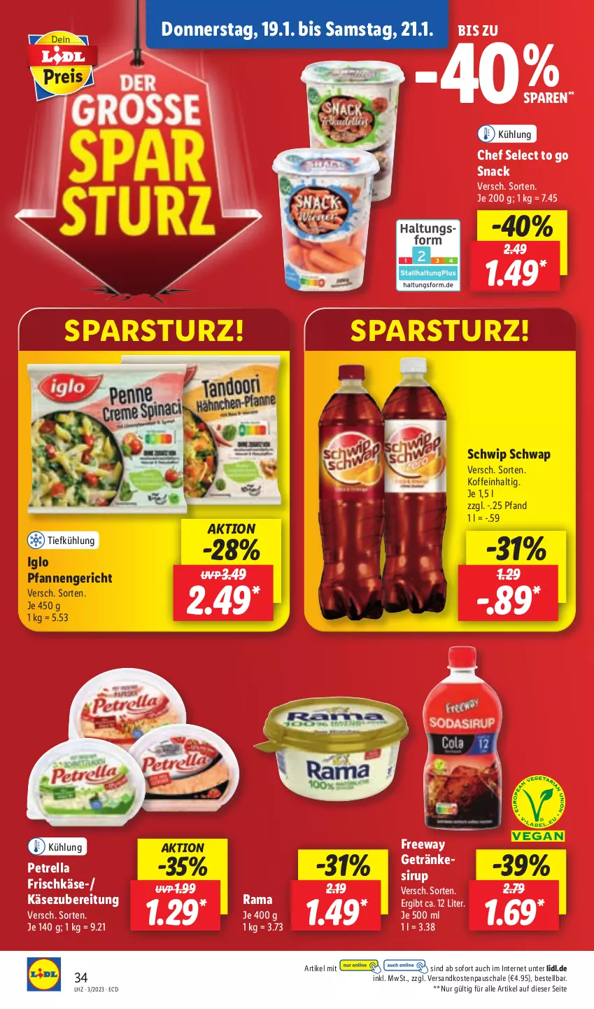 Aktueller Prospekt Lidl - Aktionsprospekt - von 16.01 bis 21.01.2023 - strona 36 - produkty: frischkäse, getränk, getränke, iglo, Käse, ndk, petrella, pfanne, pfannen, rama, rel, Schal, Schale, Schwip Schwap, sirup, snack, Ti