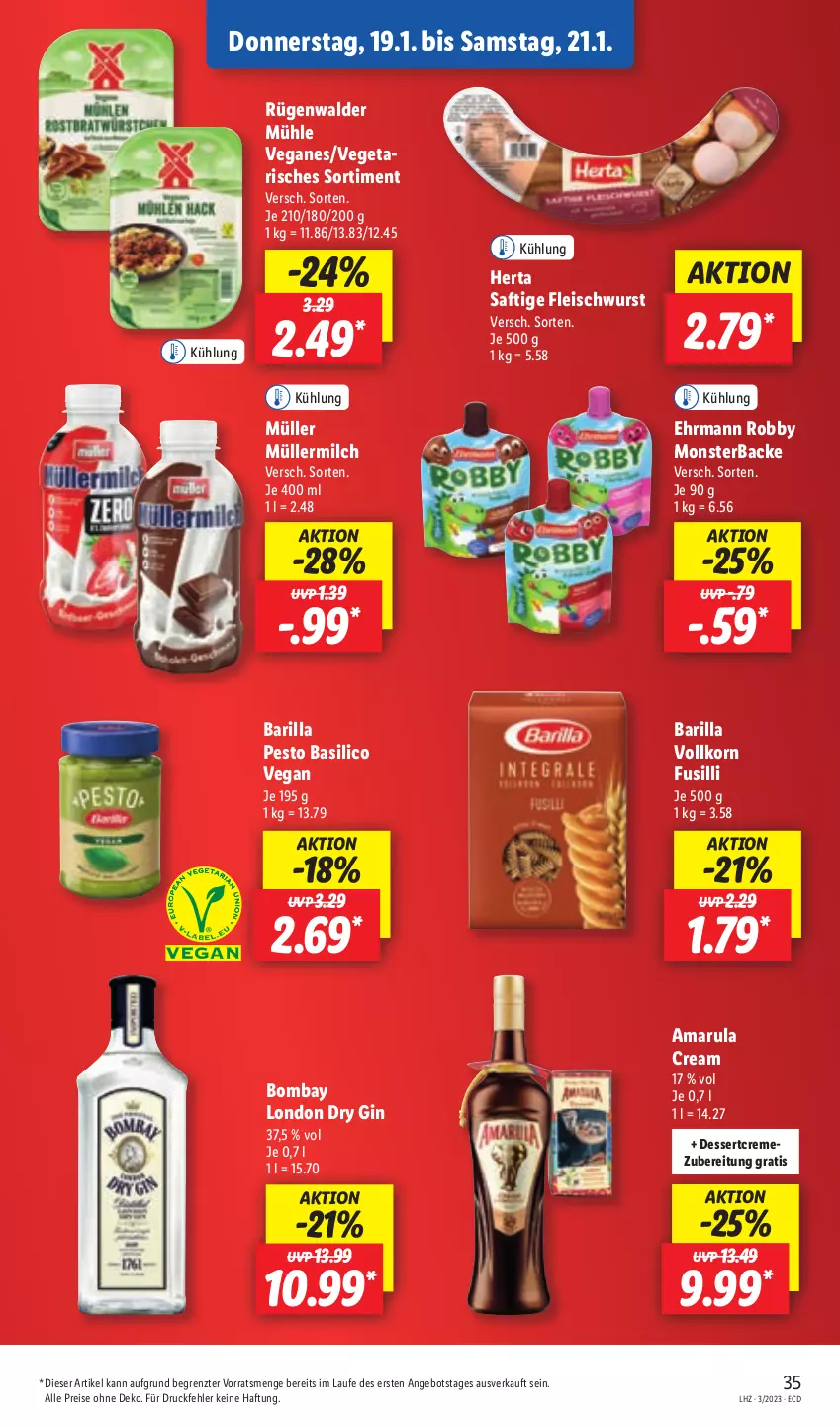 Aktueller Prospekt Lidl - Aktionsprospekt - von 16.01 bis 21.01.2023 - strona 37 - produkty: amarula, angebot, barilla, basilico, creme, dessert, dry gin, ehrmann, eis, fleisch, fleischwurst, fusilli, gin, herta, korn, london dry, london dry gin, milch, monster, Müller, müllermilch, pesto, reis, robby, rügenwalder, rügenwalder mühle, saft, Ti, Vegeta, wurst, ZTE