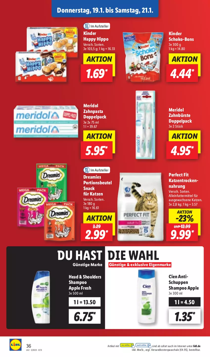 Aktueller Prospekt Lidl - Aktionsprospekt - von 16.01 bis 21.01.2023 - strona 38 - produkty: alleinfuttermittel, Apple, beutel, bürste, Cien, dreamies, elle, hipp, Kinder, meridol, ndk, pasta, Perfect Fit, portionsbeutel, Schal, Schale, schoko, schoko-bons, shampoo, snack, teller, Ti, tisch, Trockennahrung, zahnbürste, zahnpasta