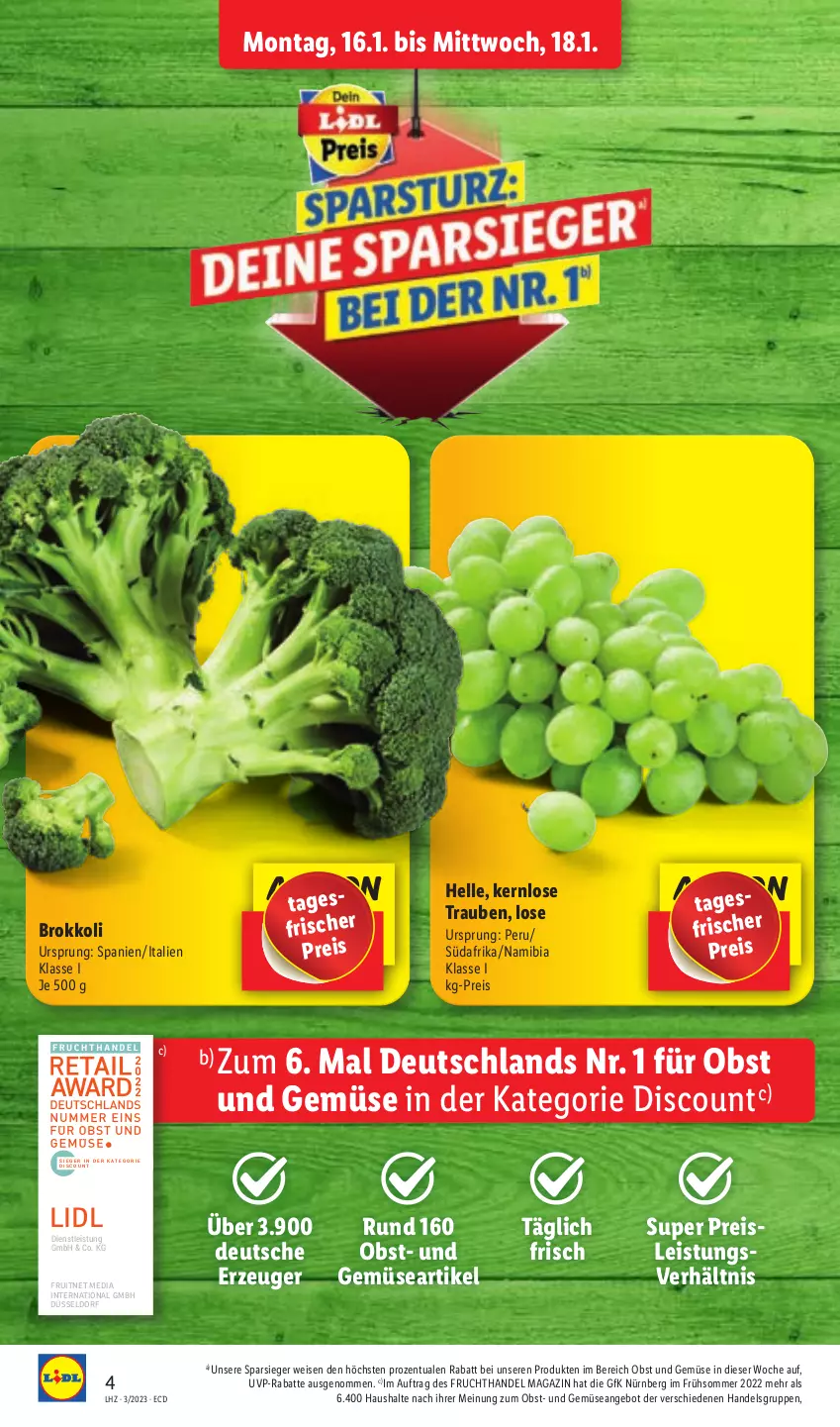 Aktueller Prospekt Lidl - Aktionsprospekt - von 16.01 bis 21.01.2023 - strona 4 - produkty: angebot, brokkoli, discount, eis, elle, ente, frucht, magazin, obst, Obst und Gemüse, reis, Ti, trauben, und gemüse