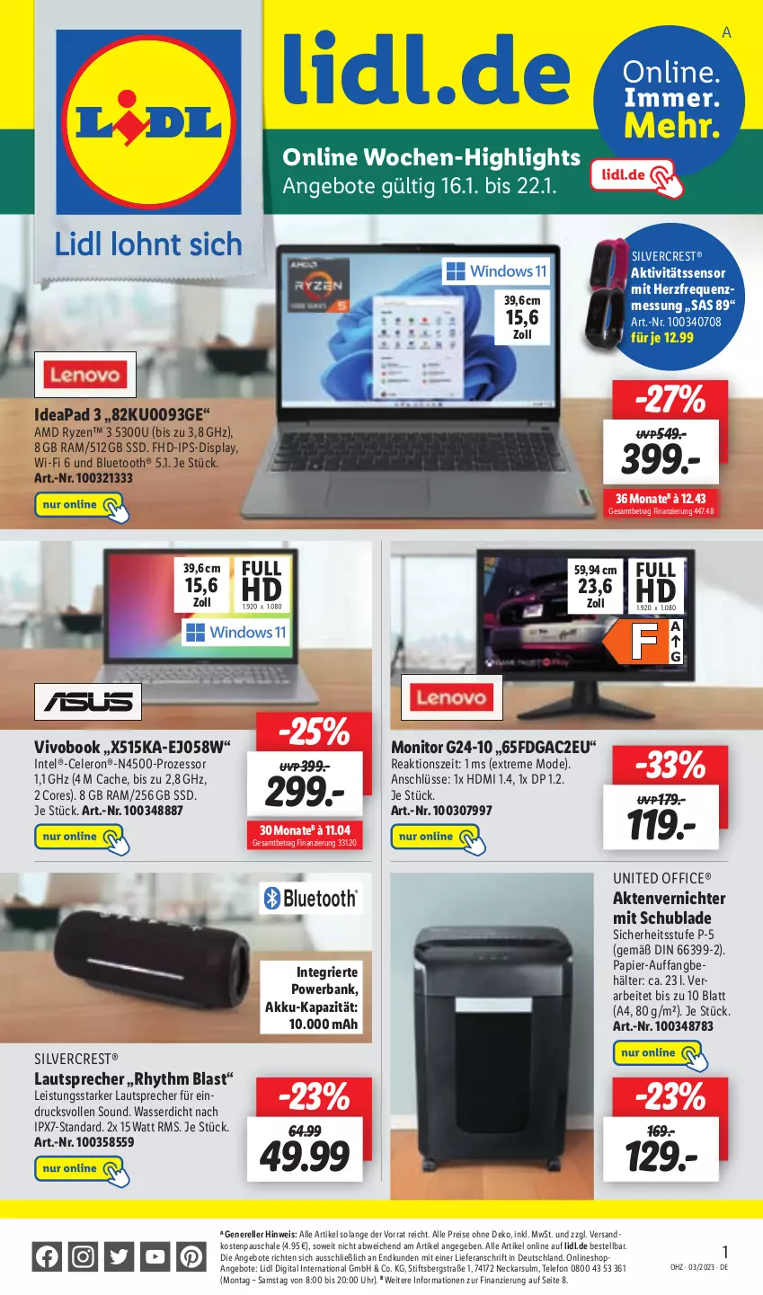 Aktueller Prospekt Lidl - Aktionsprospekt - von 16.01 bis 21.01.2023 - strona 43 - produkty: akku, Aktenvernichter, angebot, angebote, Bank, Behälter, celeron, eis, elle, HDMI, Intel, ips-display, lautsprecher, Mode, monitor, ndk, office, papier, powerbank, reis, rel, ryzen, Schal, Schale, silvercrest, ssd, telefon, Ti, uhr, VivoBook, wasser