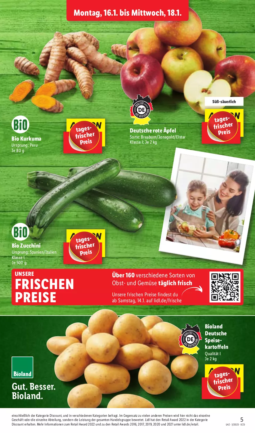 Aktueller Prospekt Lidl - Aktionsprospekt - von 16.01 bis 21.01.2023 - strona 5 - produkty: Abtei, bio, bioland, discount, eis, kartoffel, kartoffeln, obst, reis, speisekartoffeln, Ti, und gemüse, zucchini