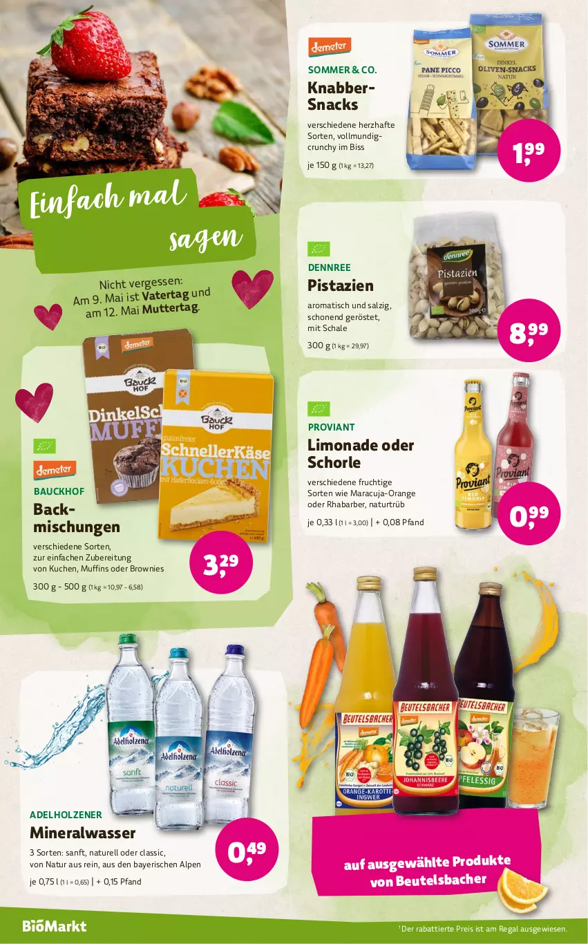 Aktueller Prospekt Denns Biomarkt - von 24.04 bis 07.05.2024 - strona 10 - produkty: adelholzener, Alwa, backmischung, Backmischungen, Bau, beutel, brownie, brownies, dennree, eis, frucht, Holz, KnabberSnack, kuchen, limo, limonade, maracuja, mineralwasser, Muffin, muffins, natur, orange, pistazien, Proviant, regal, reis, rel, rhabarber, salz, Schal, Schale, schorle, snack, snacks, Ti, tisch, wasser