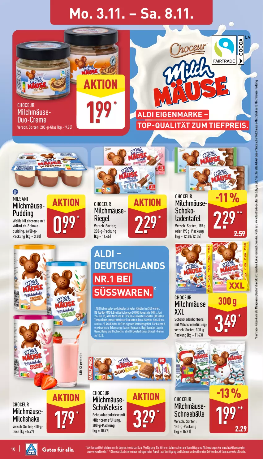 Aktueller Prospekt Aldi Nord - Von Montag - von 03.11 bis 08.11.2025 - strona 10 - produkty: aldi, bonbons, brut, creme, eis, Elektro, erde, gin, HP, kakao, keks, kekse, Laufen, milch, pudding, reis, riegel, Schneebälle, schoko, schokolade, schokoladen, shake, süsswaren, Ti, tiefpreis, vollmilch, Yo, ZTE