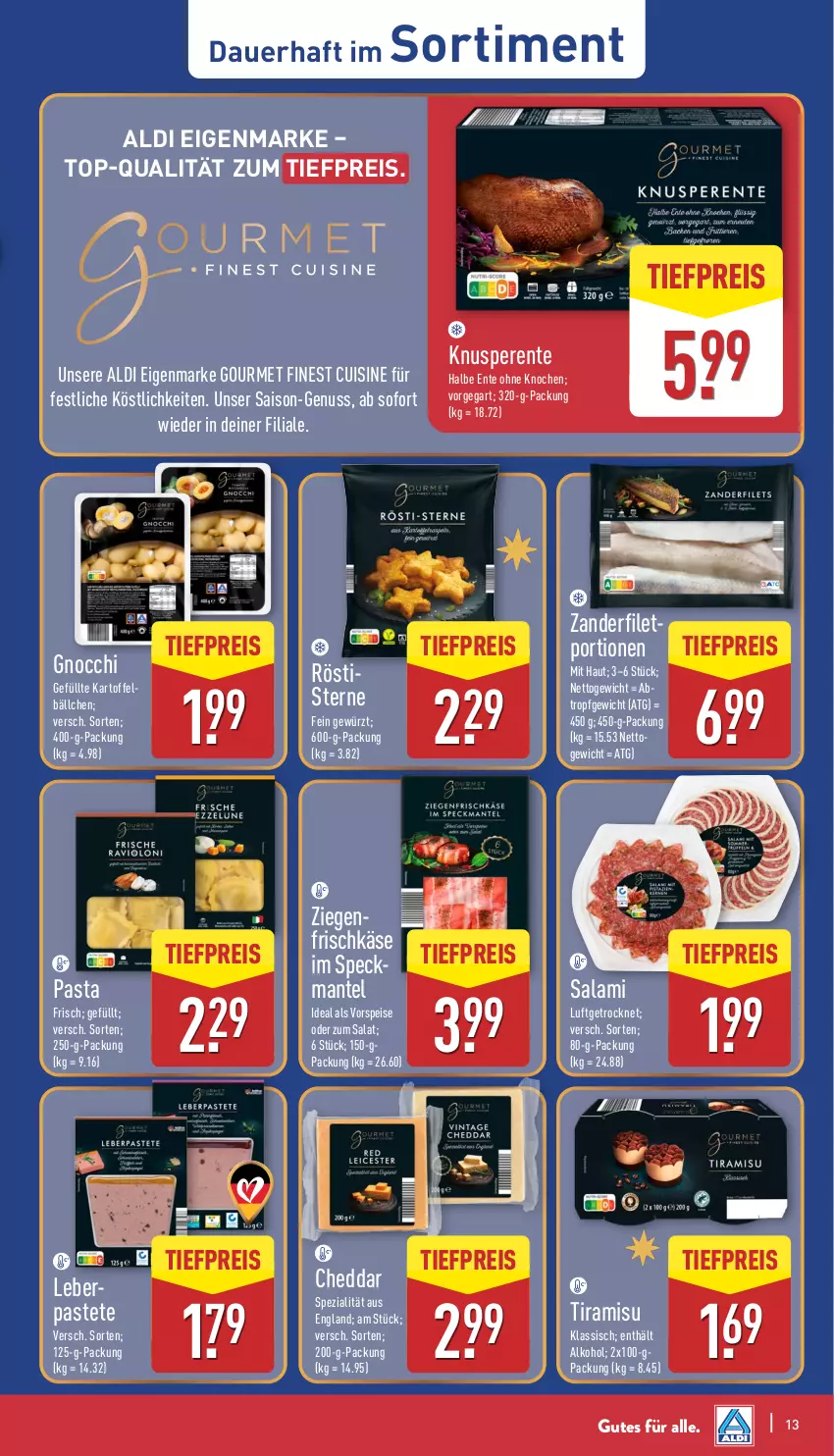 Aktueller Prospekt Aldi Nord - Von Montag - von 03.11 bis 08.11.2025 - strona 13 - produkty: aldi, alkohol, auer, cheddar, eis, ente, filet, frischkäse, gewürz, gnocchi, kartoffel, Käse, Mantel, nuss, pasta, pastete, reis, salami, salat, Speck, Spezi, Ti, tiefpreis, tiramisu, vorspeise, Zander