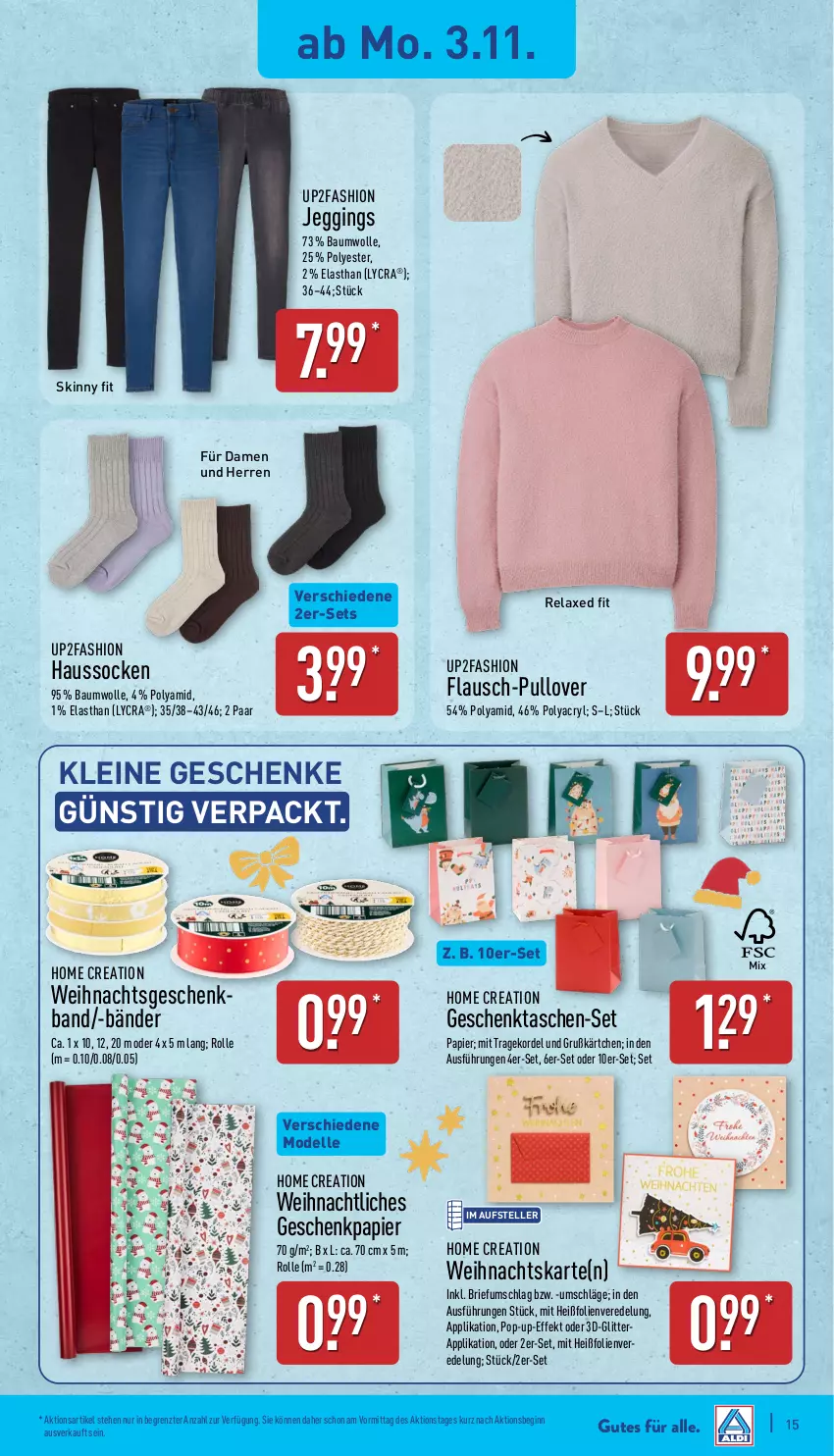 Aktueller Prospekt Aldi Nord - Von Montag - von 03.11 bis 08.11.2025 - strona 15 - produkty: axe, Bau, baumwolle, brie, dell, elle, Geschenkpapier, gin, Haussocken, leine, Mode, papier, Pullover, rel, socken, Tasche, taschen, teller, Ti, up2fashion, wolle, ZTE
