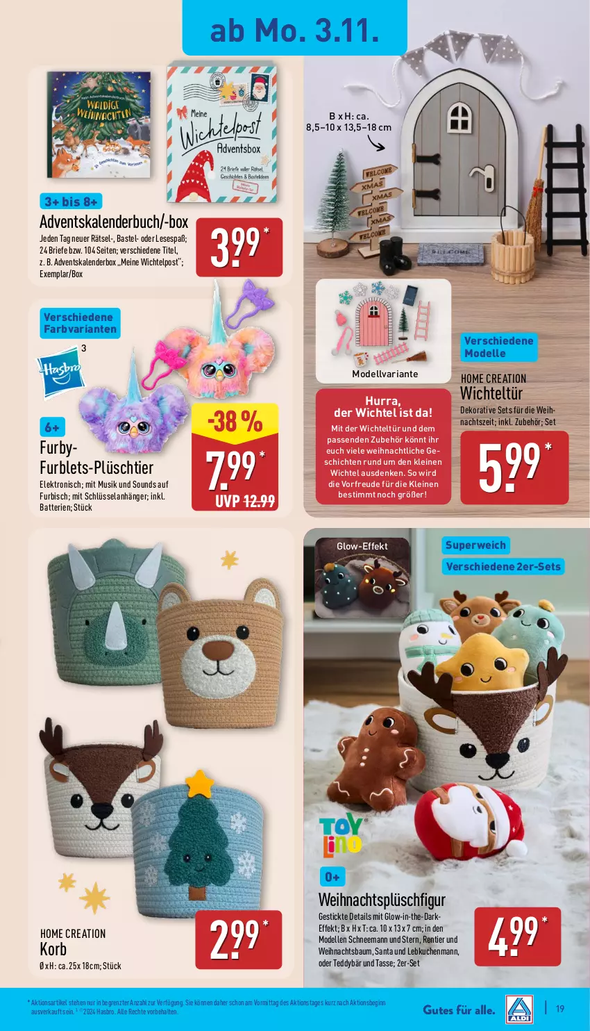 Aktueller Prospekt Aldi Nord - Von Montag - von 03.11 bis 08.11.2025 - strona 19 - produkty: Adventskalender, Anhänger, batterie, batterien, Bau, brie, buch, dell, Elan, Elektro, elle, gin, Hasbro, korb, kuchen, Lebkuchen, leine, Mode, Plüsch, Ria, rwe, tasse, Ti, Weihnachtsbaum, Wichtel, ZTE