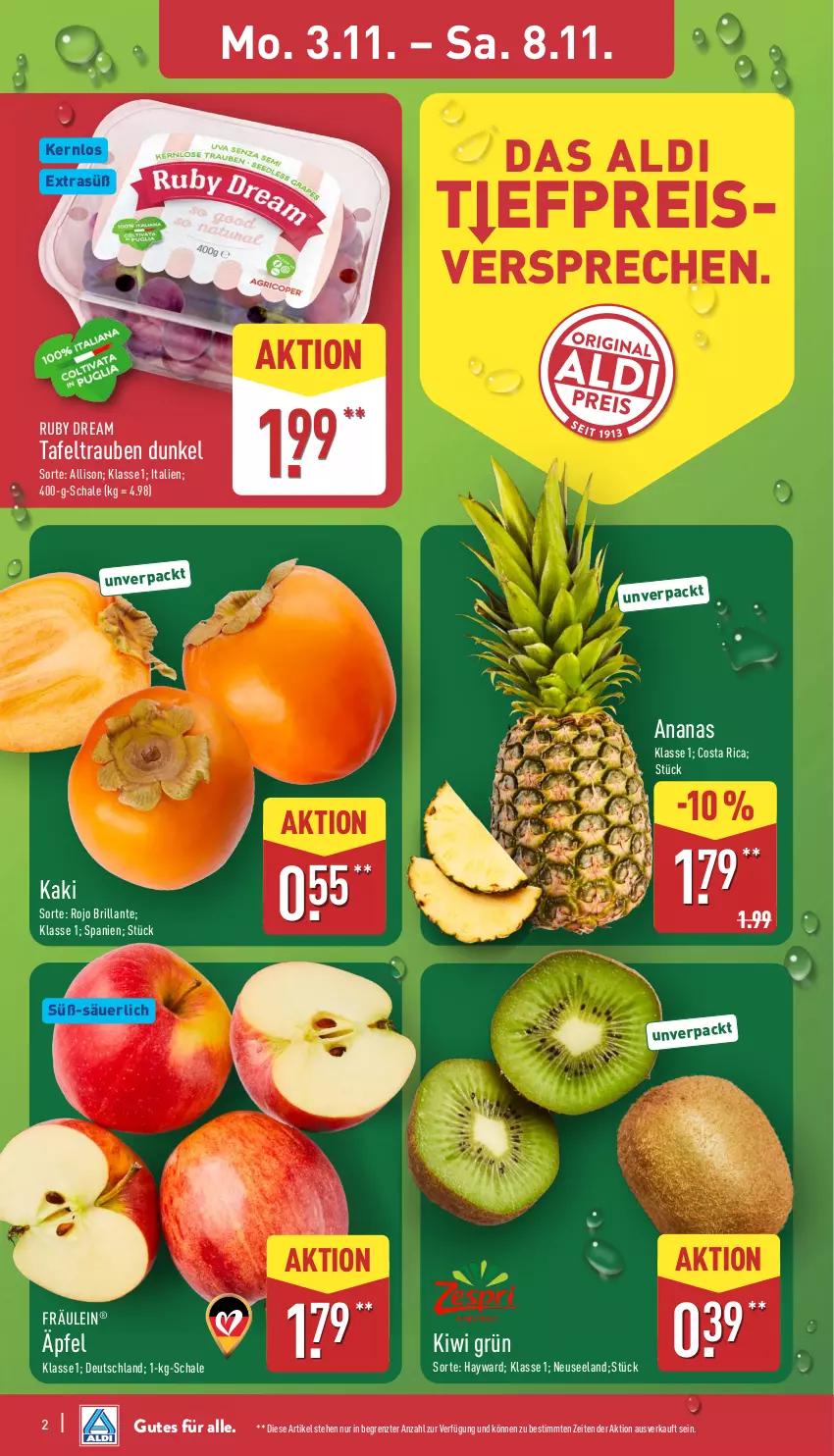 Aktueller Prospekt Aldi Nord - Von Montag - von 03.11 bis 08.11.2025 - strona 2 - produkty: aldi, ananas, eis, Elan, Kaki, kiwi, reis, Schal, Schale, tafeltrauben, Ti, trauben, ZTE