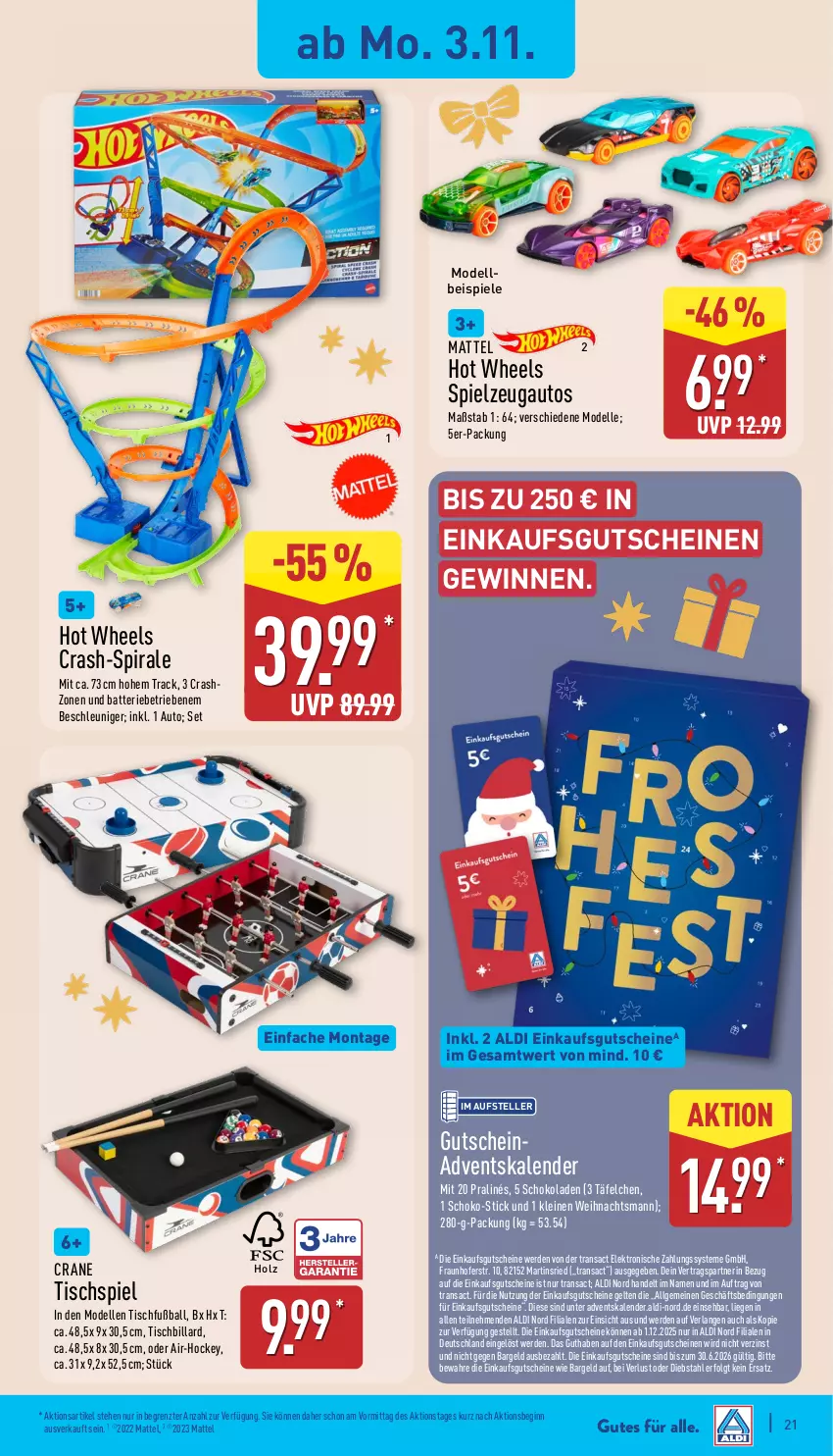 Aktueller Prospekt Aldi Nord - Von Montag - von 03.11 bis 08.11.2025 - strona 21 - produkty: Adventskalender, aldi, auto, ball, batterie, dell, eis, Elektro, elle, erde, Fußball, gin, gutschein, gutscheine, Holz, Hot Wheels, leine, LG, Liege, Mattel, Mode, sac, schoko, schokolade, schokoladen, Spiele, spielzeug, teller, Ti, tisch, usb, ZTE