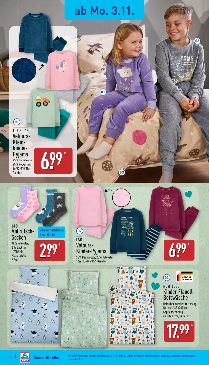 Aktueller Prospekt Aldi Nord - Von Montag - von 03.11 bis 08.11.2025 - strona 26 - produkty: Bau, baumwolle, bett, bettwäsche, garnitur, gin, Kinder, kissen, Kissenbezug, kopfkissen, kopfkissenbezug, Pyjama, reine baumwolle, socken, Ti, wolle, ZTE