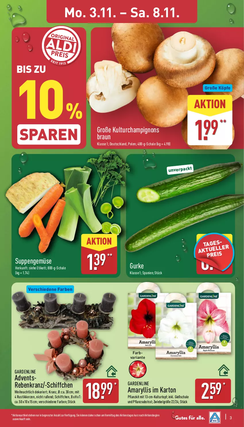 Aktueller Prospekt Aldi Nord - Von Montag - von 03.11 bis 08.11.2025 - strona 3 - produkty: Blüte, braun, Brei, champignon, champignons, champignons braun, gin, gurke, kerze, Kranz, LG, Ria, Schal, Schale, Schiffchen, suppe, suppen, Ti, topf, ZTE, zwiebel
