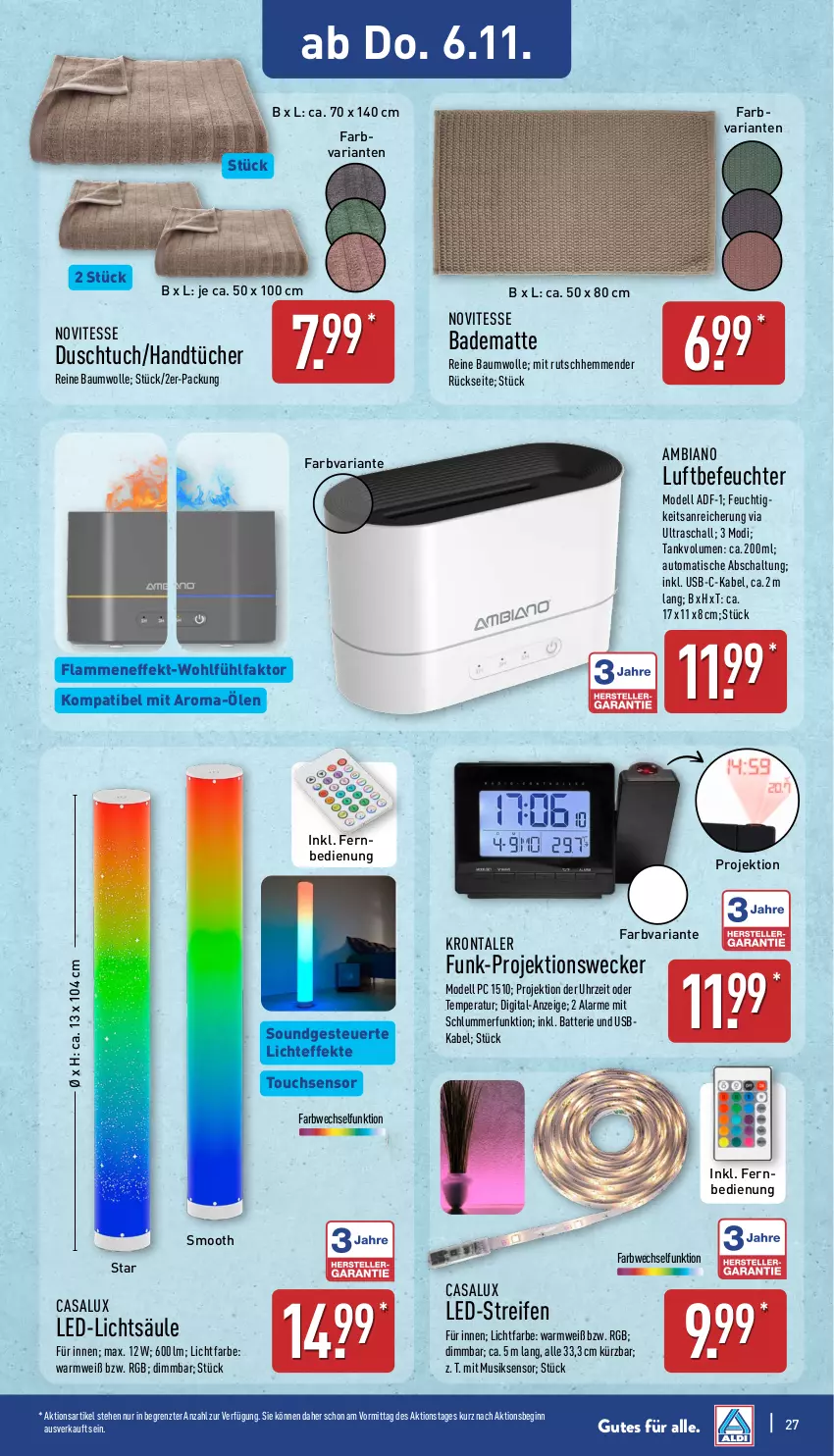 Aktueller Prospekt Aldi Nord - Von Montag - von 03.11 bis 08.11.2025 - strona 31 - produkty: ambia, auto, Bad, badematte, batterie, Bau, baumwolle, dell, duschtuch, gin, handtücher, lamm, led-licht, Luftbefeuchter, Mode, reifen, reine baumwolle, Ria, Schal, Ti, tisch, tuc, tücher, uhr, usb, weck, wolle, ZTE