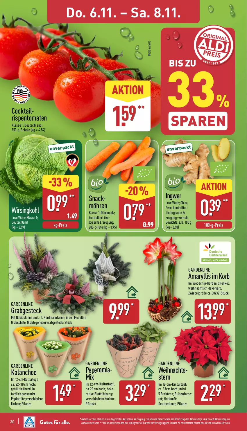 Aktueller Prospekt Aldi Nord - Von Montag - von 03.11 bis 08.11.2025 - strona 34 - produkty: Blüte, Brei, cocktail, dell, eis, elle, gin, Grabschale, henkel, ingwer, Kalanchoe, korb, kulturtopf, LG, Mode, möhren, papier, Papiertüte, pflanze, reis, rispentomaten, Schal, Schale, snack, tee, Ti, tomate, tomaten, topf, trolli, Tüte, Wirsing, ZTE, zwiebel
