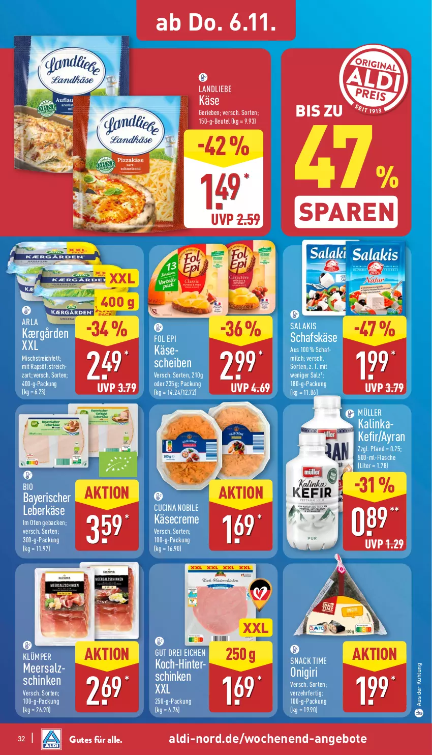 Aktueller Prospekt Aldi Nord - Von Montag - von 03.11 bis 08.11.2025 - strona 36 - produkty: aldi, angebot, angebote, arla, Ayran, beutel, bio, cin, creme, flasche, fol epi, geback, Kærgården, Käse, Kefir, landliebe, leberkäs, leberkäse, meersalz, milch, Müller, Ofen, rapsöl, salakis, salz, schafskäse, schinken, snack, snack time, Ti