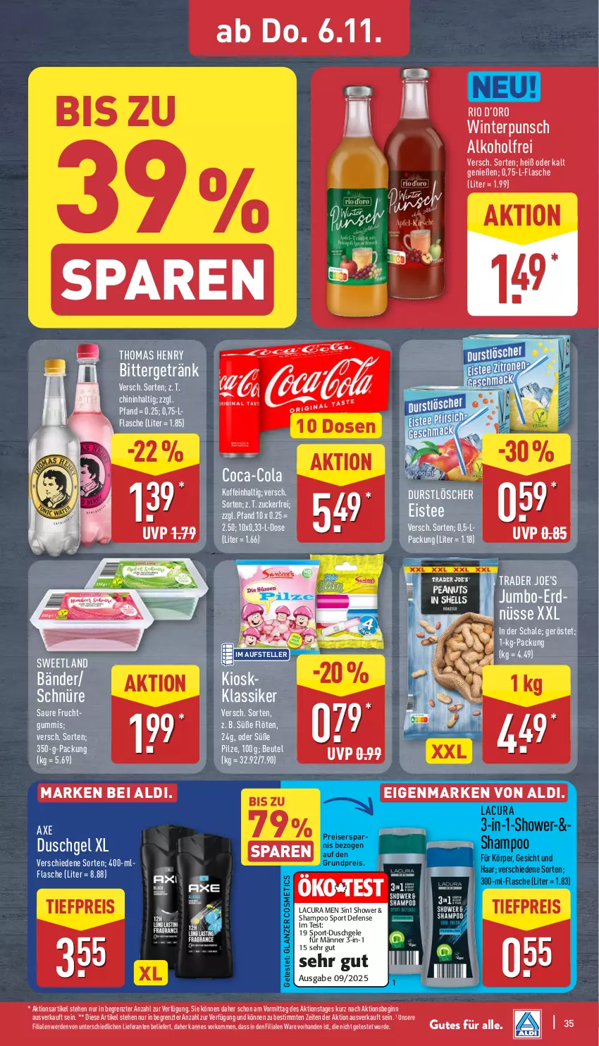 Aktueller Prospekt Aldi Nord - Von Montag - von 03.11 bis 08.11.2025 - strona 39 - produkty: aldi, alkohol, axe, axe duschgel, beutel, coca-cola, cola, durstlöscher, duschgel, eis, eistee, elle, erde, flasche, frucht, getränk, gin, jumbo, pilze, reis, Schal, Schale, shampoo, Sport, Sweetland, tee, teller, thomas henry, Ti, tiefpreis, ZTE, zucker