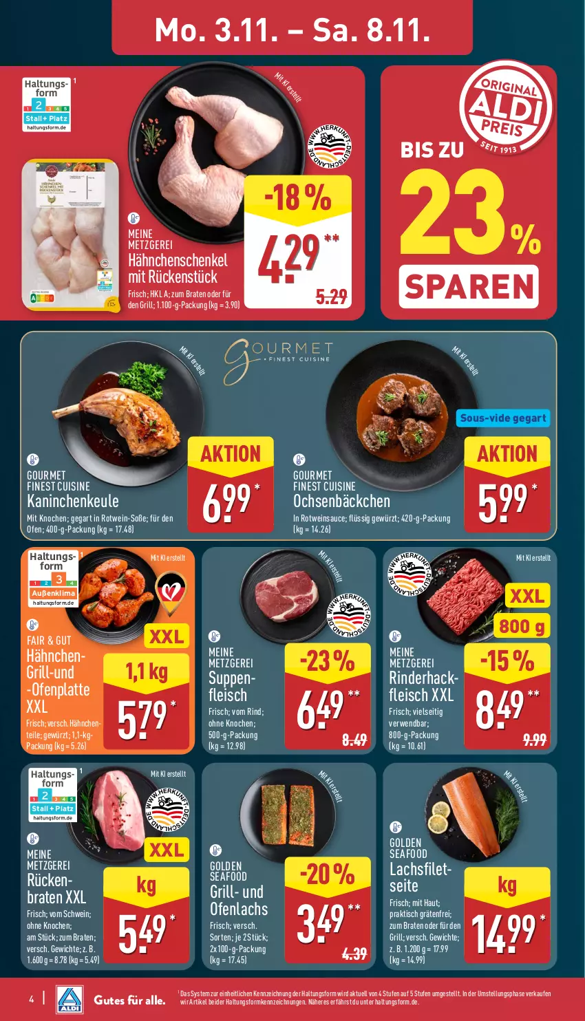 Aktueller Prospekt Aldi Nord - Von Montag - von 03.11 bis 08.11.2025 - strona 4 - produkty: bio, braten, eis, filet, fleisch, gewürz, grill, hähnchenschenkel, henkel, Kaninchenkeule, lachs, lachsfilet, latte, Ofen, rind, rinder, rotwein, rwe, sauce, schenkel, schwein, Soße, suppe, suppen, Ti, tisch, wein