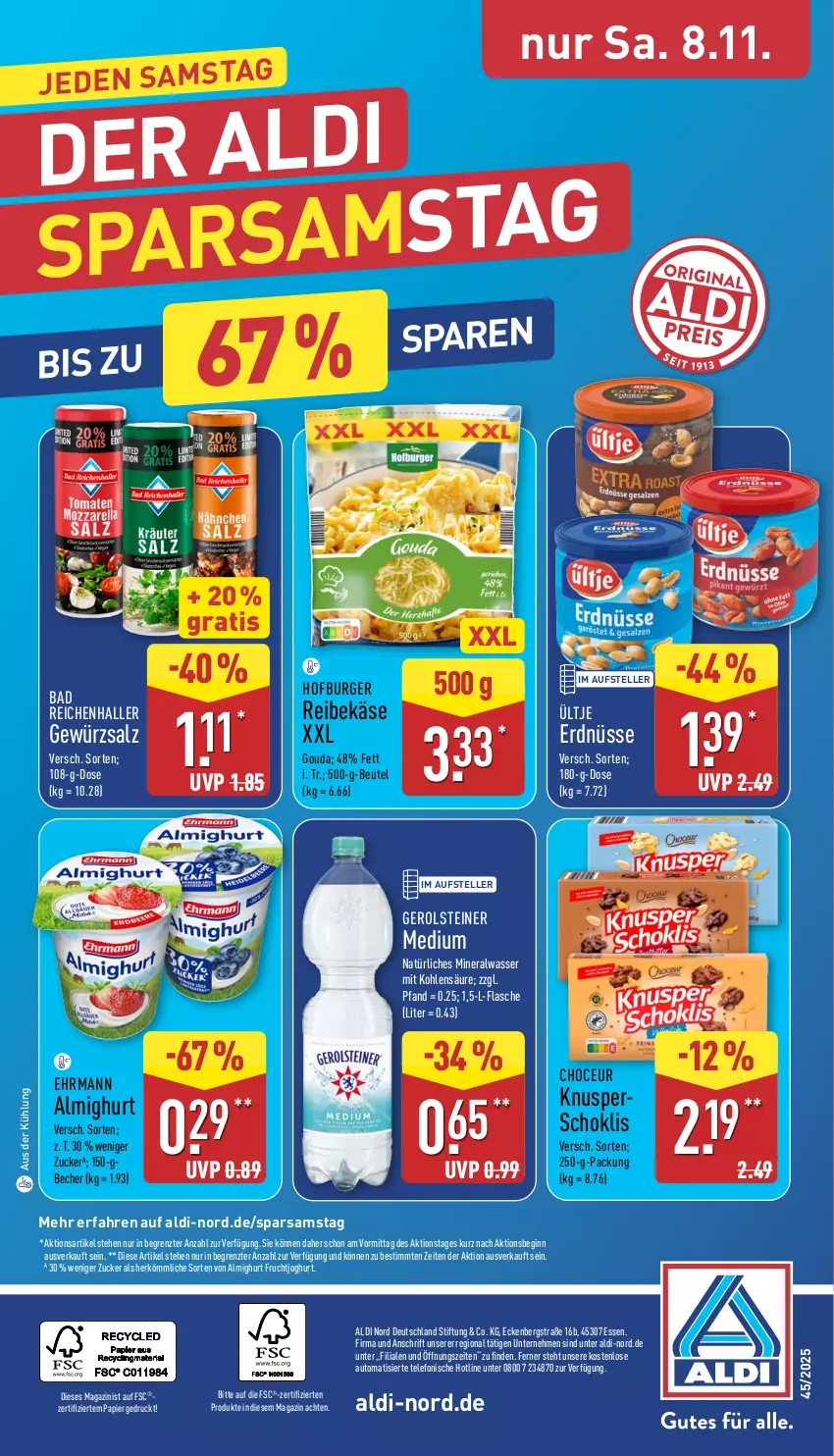 Aktueller Prospekt Aldi Nord - Von Montag - von 03.11 bis 08.11.2025 - strona 40 - produkty: aldi, almighur, almighurt, Alwa, auto, Bad, Becher, beutel, burger, ehrmann, ehrmann almighurt, elle, erdnüsse, flasche, frucht, fruchtjoghurt, gerolsteine, gerolsteiner, gewürz, gewürzsalz, gin, gouda, joghur, joghurt, Käse, magazin, mineralwasser, natürliches mineralwasser, papier, Reibekäse, salz, steiner, telefon, teller, Ti, ültje, ültje erdnüsse, wasser, ZTE, zucker