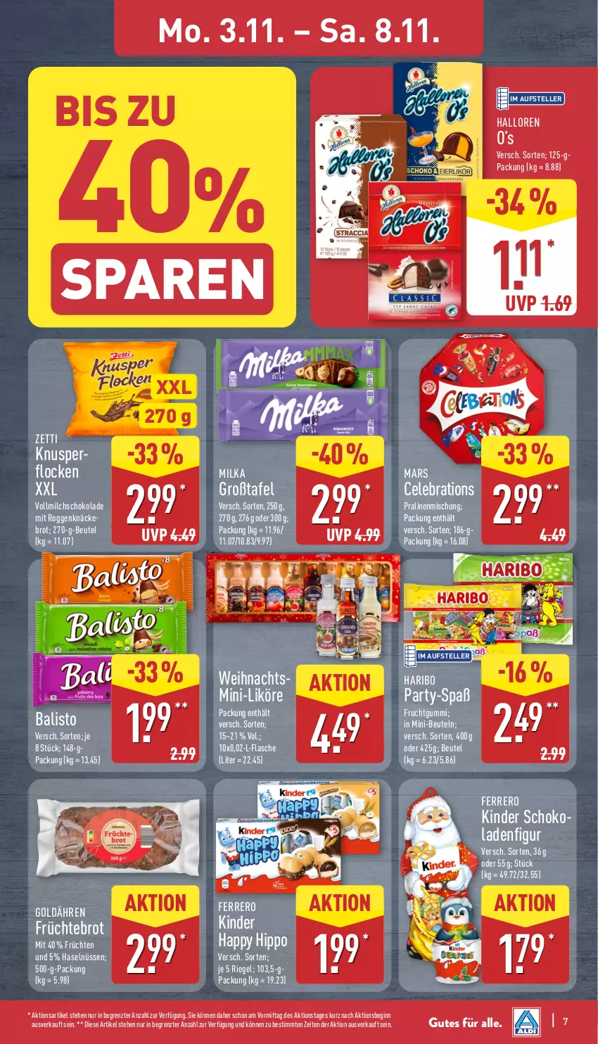 Aktueller Prospekt Aldi Nord - Von Montag - von 03.11 bis 08.11.2025 - strona 7 - produkty: balisto, beutel, brot, elle, ferrero, flasche, frucht, früchte, früchten, fruchtgummi, gin, haribo, hipp, Kinder, likör, mars, milch, milka, pralinen, riegel, schoko, schokolade, teller, Ti, vollmilch, ZTE