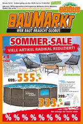 Gazetka promocyjna  - Prospekt für Globus Baumarkt  Achern - Gazetka - ważna od 13.08 do 13.08.2022 - strona 1 - produkty: abdeckplane, Bau, beistelltisch, eis, ente, fenster, kissen, pool, Reinigung, Ria, Rückenkissen, sessel, Sofa, Ti, tisch, wasser