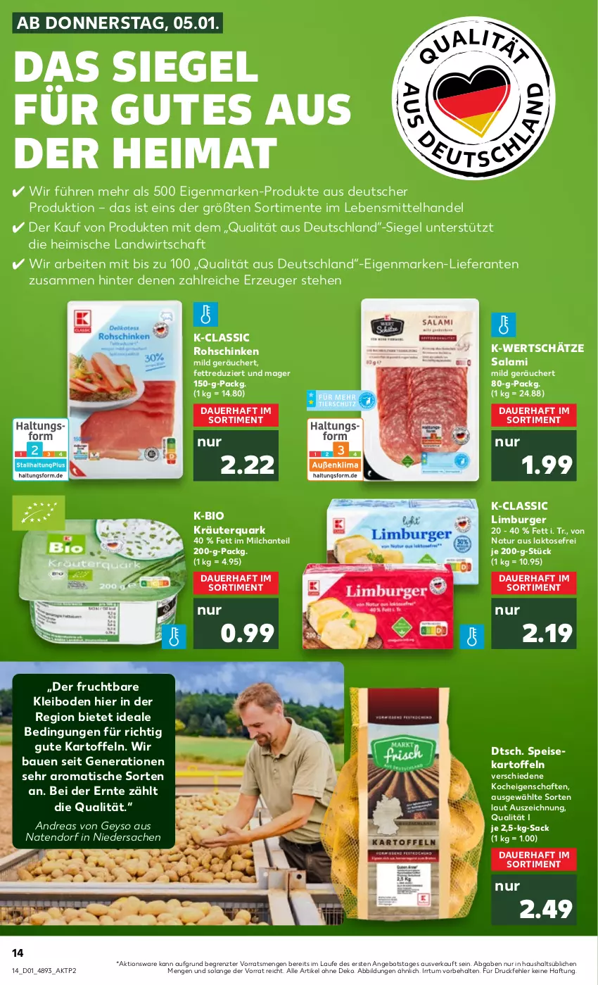 Aktueller Prospekt Kaufland - von 05.01 bis 11.01.2023 - strona 14 - produkty: angebot, auer, Bau, bio, burger, eis, ente, frucht, kartoffel, kartoffeln, kräuter, lebensmittel, Limburger, milch, natur, quark, rohschinken, sac, salami, schinken, speisekartoffeln, Ti, tisch, ZTE