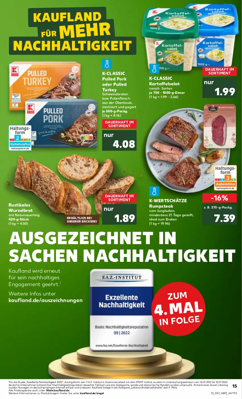 Aktueller Prospekt Kaufland - von 05.01 bis 11.01.2023 - strona 15 - produkty: angebot, angebote, auer, braten, brot, eimer, eis, elle, ente, fleisch, ideal zum braten, jungbullen, kartoffel, kartoffelsalat, lebensmittel, natur, Pulled Pork, pute, Putenfleisch, rum, rumpsteak, sac, salat, schwein, schweine, schweinebraten, steak, Ti, wein, weine