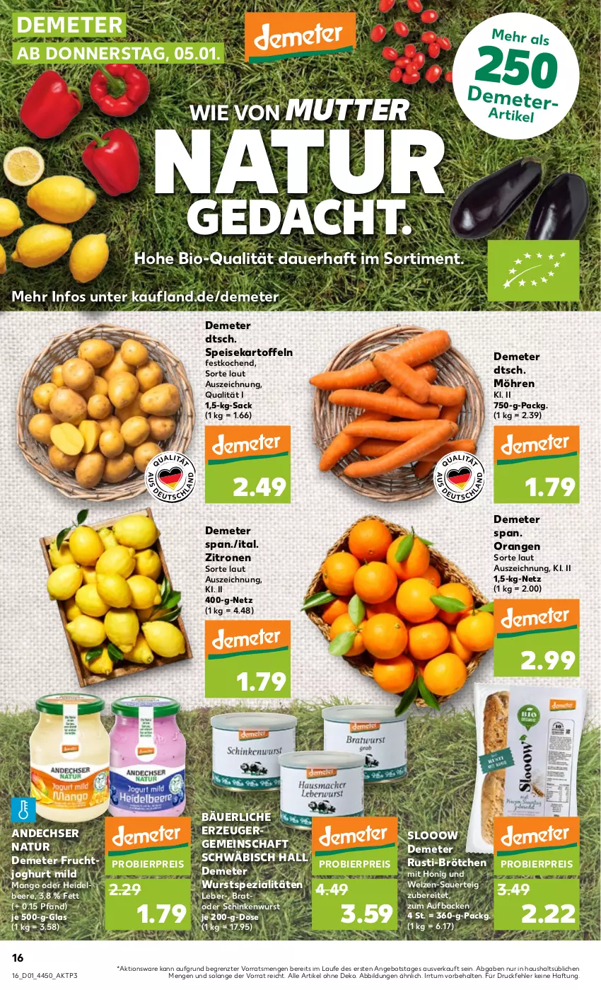 Aktueller Prospekt Kaufland - von 05.01 bis 11.01.2023 - strona 16 - produkty: andechser natur, angebot, auer, beere, bier, bio, brötchen, eis, frucht, fruchtjoghurt, heidelbeere, honig, joghur, joghurt, joghurt mild, kartoffel, kartoffeln, mango, möhren, natur, orange, orangen, reis, sac, schinken, schinkenwurst, speisekartoffeln, Spezi, Ti, wurst, zitrone, zitronen, ZTE