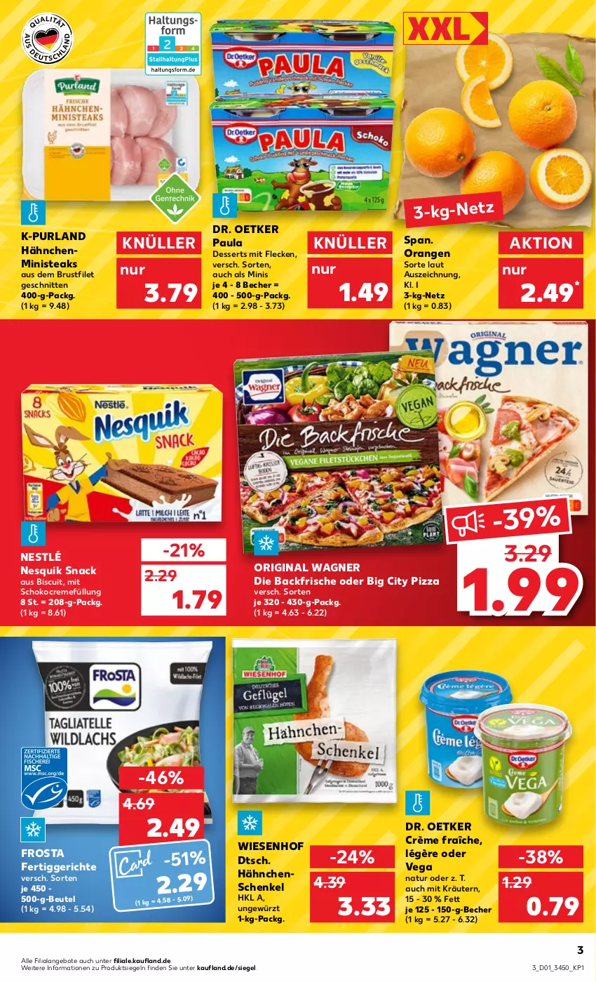 Aktueller Prospekt Kaufland - von 05.01 bis 11.01.2023 - strona 3 - produkty: angebot, angebote, Becher, beutel, brustfilet, creme, crème fraîche, dessert, desserts, Dr. Oetker, fertiggericht, fertiggerichte, filet, frosta, gewürz, gin, hähnchenschenkel, henkel, kräuter, kräutern, natur, nesquik, nestlé, orange, orangen, original wagner, Paula, pizza, purland, schenkel, schnitten, schoko, snack, steak, steaks, Ti, wagner, wiesenhof