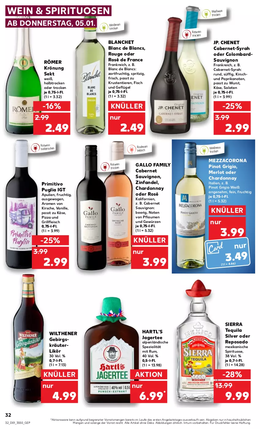 Aktueller Prospekt Kaufland - von 05.01 bis 11.01.2023 - strona 32 - produkty: angebot, cabernet, cabernet sauvignon, chardonnay, corona, de blancs, eis, fisch, fleisch, frucht, gallo, gallo family, Geflügel, gewürz, grill, Jagertee, Käse, kirsch, kirsche, kräuter, kräuterlikör, likör, merl, merlot, mezzacorona, paprika, pflaume, pflaumen, Pinot, pinot grigio, pizza, primitivo, roséwein, rotwein, rouge, rum, salat, salate, sauvignon, sekt, Sierra, sierra tequila, Spezi, spirituosen, tee, tequila, Ti, Tiere, vanille, wein, Weißwein, wilthener, wurst, ZTE