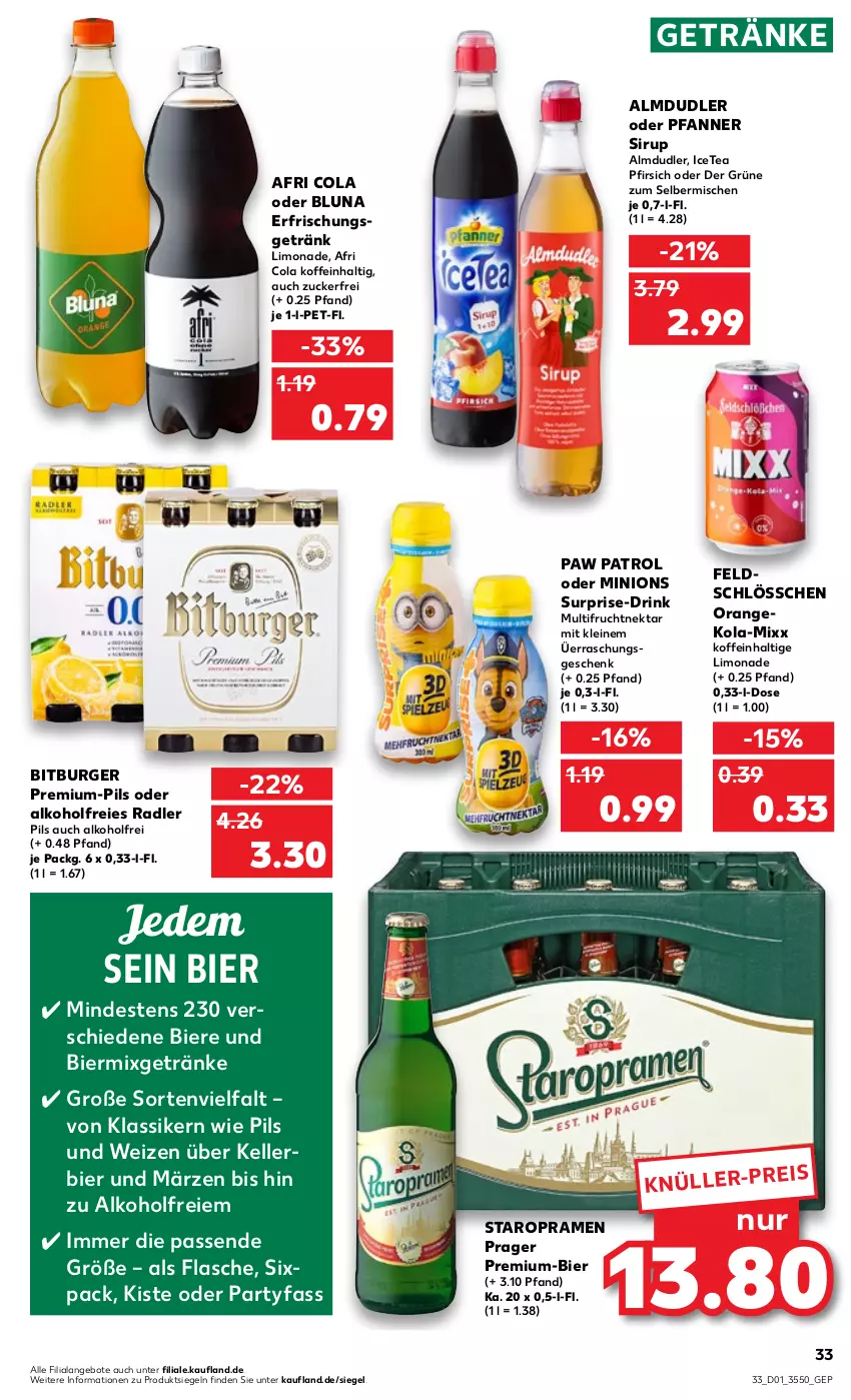 Aktueller Prospekt Kaufland - von 05.01 bis 11.01.2023 - strona 33 - produkty: Afri Cola, alkohol, almdudler, angebot, angebote, bier, Biere, bitburger, burger, cola, drink, eis, elle, flasche, frucht, getränk, getränke, kellerbier, leine, limo, limonade, Mixgetränk, Nektar, orange, Paw Patrol, pfanne, Pfanner, pfirsich, pils, radler, sirup, Staropramen, Ti, zucker