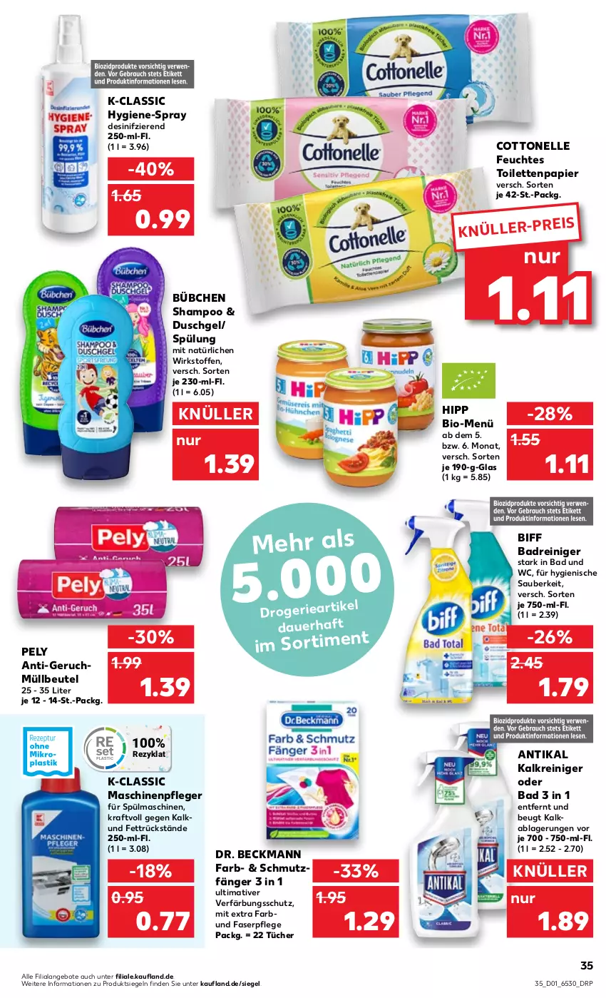 Aktueller Prospekt Kaufland - von 05.01 bis 11.01.2023 - strona 35 - produkty: angebot, angebote, auer, Bad, beutel, biff, bio, bübchen, cottonelle, Dr. Beckmann, duschgel, eis, elle, feuchtes toilettenpapier, hipp, Kalkreiniger, kraft, Maschinenpfleger, müllbeutel, papier, pely, reiniger, shampoo, spülmaschinen, spülung, Ti, toilettenpapier, tücher, verfärbungsschutz