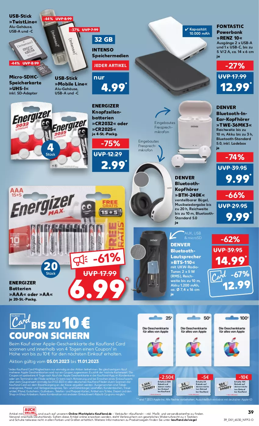 Aktueller Prospekt Kaufland - von 05.01 bis 11.01.2023 - strona 39 - produkty: adapter, akku, Apple, asti, Bank, batterie, batterien, Bau, bügel, coupon, coupons, die kaufland, eis, elle, energizer, erde, gutschein, intenso, kerze, kopfhörer, lautsprecher, microsd, ndk, powerbank, rabatt-coupon, Radio, Rauch, reis, schuhe, speicherkarte, Tasche, taschen, Tchibo, telefon, Ti, tuner, usb, versandkostenfrei