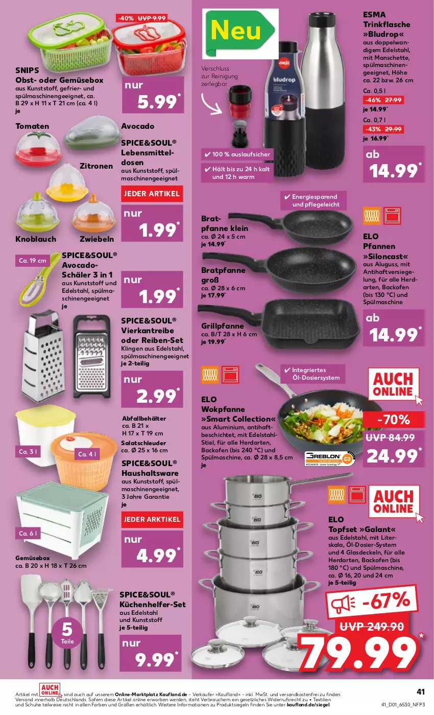 Aktueller Prospekt Kaufland - von 05.01 bis 11.01.2023 - strona 41 - produkty: avocado, avocados, backofen, Behälter, bratpfanne, decke, Deckel, edelstahl, eis, erde, flasche, Glasdeckel, grill, Grillpfanne, herdarten, knoblauch, küche, Küchen, Küchenhelfer, lebensmittel, ndk, obst, Ofen, pfanne, pfannen, Rauch, Reinigung, salat, schuhe, spülmaschinen, Ti, tomate, tomaten, topf, Topfset, trinkflasche, versandkostenfrei, wok, zitrone, zitronen, zwiebel, zwiebeln