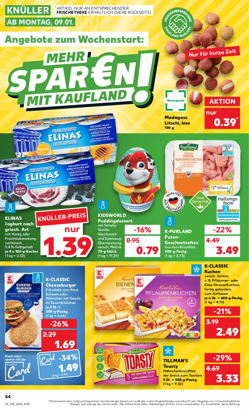 Aktueller Prospekt Kaufland - von 05.01 bis 11.01.2023 - strona 44 - produkty: angebot, angebote, Becher, brötchen, brustfilet, burger, dell, dessert, eis, elinas, elinas joghurt, elle, filet, frucht, geback, geschnetzeltes, gouda, hähnchenbrust, hähnchenbrustfilet, honig, joghur, joghurt, joghurt nach, Käse, kuchen, mac, mit gouda, pflaume, pflaumen, pudding, purland, pute, Putengeschnetzeltes, rind, schoko, schwein, sesam, snack, spielzeug, Streuselkuchen, Ti, Tillman's, toast, toasty, vanille, wein, Zelt, ZTE