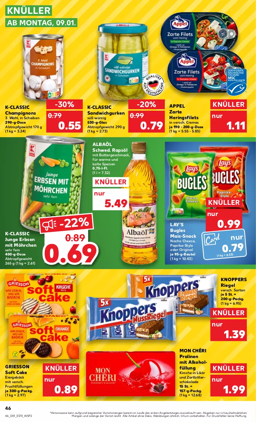 Aktueller Prospekt Kaufland - von 05.01 bis 11.01.2023 - strona 46 - produkty: alkohol, angebot, beutel, bugles, butter, champignon, champignons, creme, eier, eis, erbsen, filet, filets, frucht, gin, griesson, gurke, gurken, hering, Herings, heringsfilets, junge erbsen, kirsch, kirsche, knoppers, lay's, likör, mac, mais, Mon Chéri, nacho, nacho cheese, paprika, pralinen, rapsöl, riegel, ring, sandwich, schoko, schokolade, snack, Ti, Zartbitterschokolade, ZTE