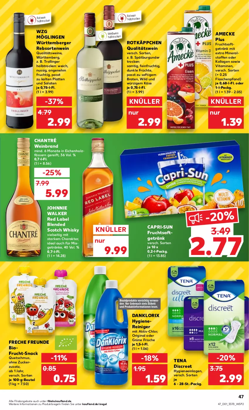 Aktueller Prospekt Kaufland - von 05.01 bis 11.01.2023 - strona 47 - produkty: amecke, angebot, angebote, Berger, beutel, bio, blended scotch, blended scotch whisky, braten, burgunder, Cap, capri-sun, chantré, danklorix, Discreet, flasche, freche freunde, frucht, früchte, fruchtsaft, fruchtsaftgetränk, getränk, getränke, gin, Holz, johnnie walker, Käse, Kollagen, latte, Mixgetränk, nuss, qualitätswein, qualitätsweine, reiniger, rotkäppchen, rotwein, saft, salat, salate, scotch, scotch whisky, snack, spätburgunder, Ti, trolli, trollinger, vita, Vitamine, wein, weinbrand, weine, Weißwein, whisky, Wild, zucker