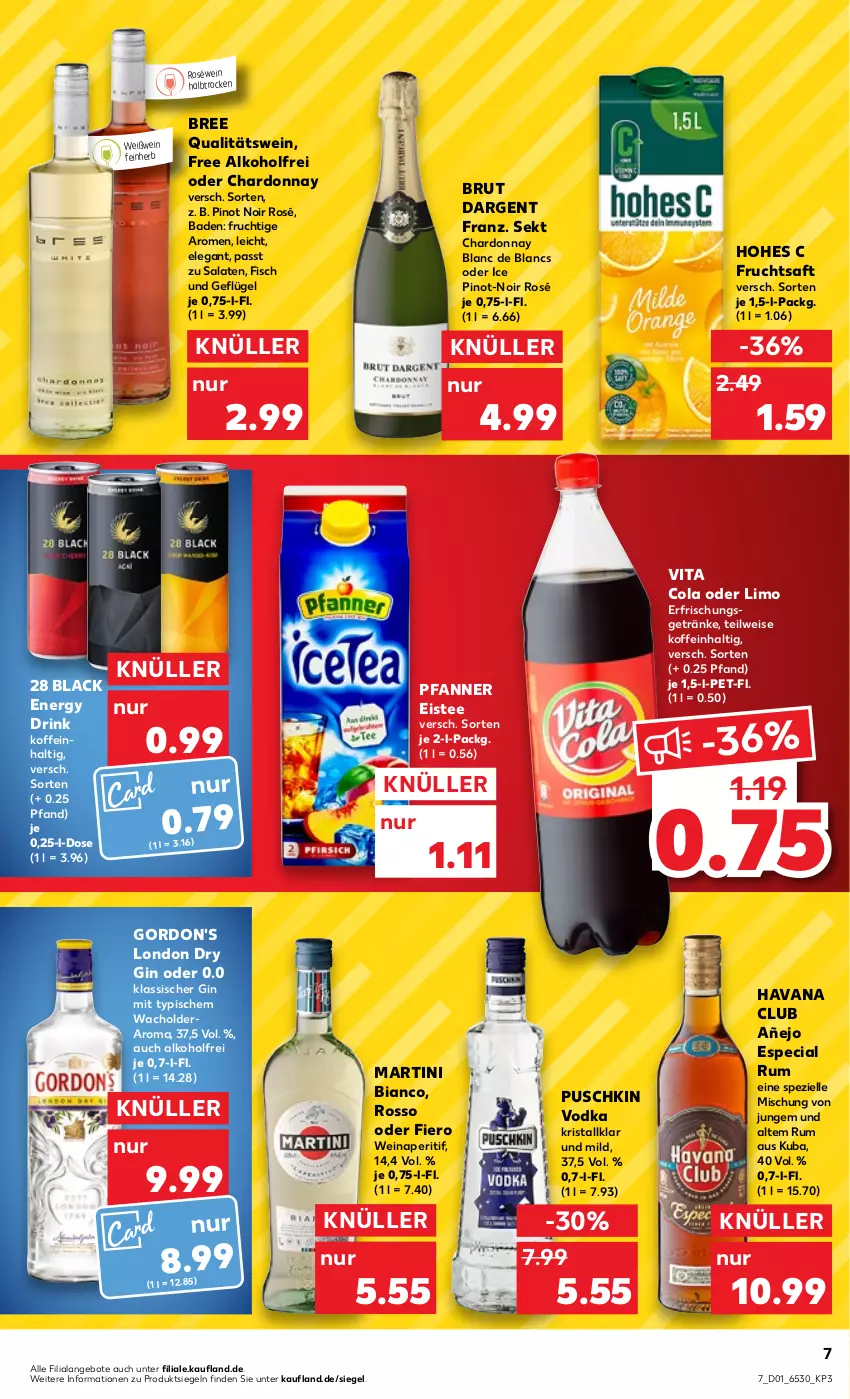 Aktueller Prospekt Kaufland - von 05.01 bis 11.01.2023 - strona 7 - produkty: alkohol, angebot, angebote, aperitif, Bad, bree, brut, brut dargent, chardonnay, cola, de blancs, drink, dry gin, eis, eistee, elle, energy drink, erfrischungsgetränk, erfrischungsgetränke, fisch, frucht, fruchtsaft, Geflügel, getränk, getränke, gin, gordon, gordon's, Havana Club, Hohes C, lack, limo, london dry, london dry gin, martini, pfanne, Pfanner, Pinot, pinot noir, puschkin vodka, qualitätswein, roséwein, rum, saft, salat, salate, sekt, Spezi, tee, Ti, vita, Vita C, vodka, wein, Weißwein