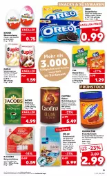 Gazetka promocyjna Kaufland - Gazetka - ważna od 11.01 do 11.01.2023 - strona 31 - produkty: angebot, angebote, auer, aufstrich, bites, brot, brotaufstrich, brötchen, creme, Doppelkekse, duplo, eis, geback, getränk, getränke, getränkepulver, gin, hafer, jacobs, jacobs krönung, Kaiser, kakao, keks, kekse, Kinder, kölln, korn, mac, malz, müsli, Ofen, ohne palmöl, oreo, ovomaltine, paprika, riegel, schoko, schokolade, schokomüsli, schokoriegel, snack, snacks, süsswaren, Ti, tuc, vanille, waffeln, zucker