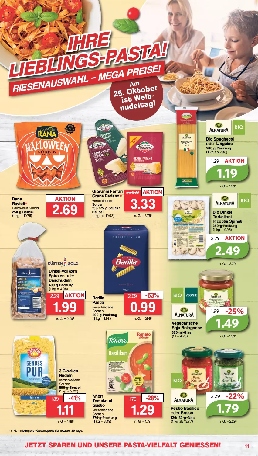 Aktueller Prospekt Famila - Prospekte - von 23.10 bis 28.10.2023 - strona 11 - produkty: barilla, basilico, beutel, bio, bolognese, eis, grana, grana padano, knorr, korn, Kürbis, nudel, nudeln, padano, pasta, pesto, Rana, ravioli, reis, ricotta, soja, spaghetti, spinat, Ti, tomato al gusto, torte, tortelloni, Vegeta, ZTE