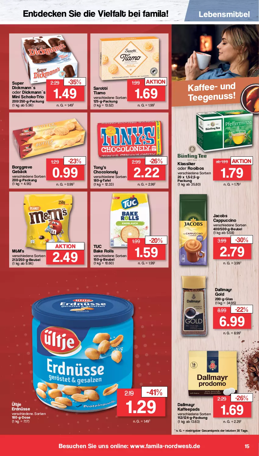 Aktueller Prospekt Famila - Prospekte - von 23.10 bis 28.10.2023 - strona 15 - produkty: beutel, Cap, cappuccino, cin, dallmayr, dallmayr gold, decke, eis, erdnüsse, jacobs, kaffee, kaffeepads, lebensmittel, nuss, reis, saro, sarotti, schoko, tee, Ti, tuc, ültje, ültje erdnüsse, ZTE