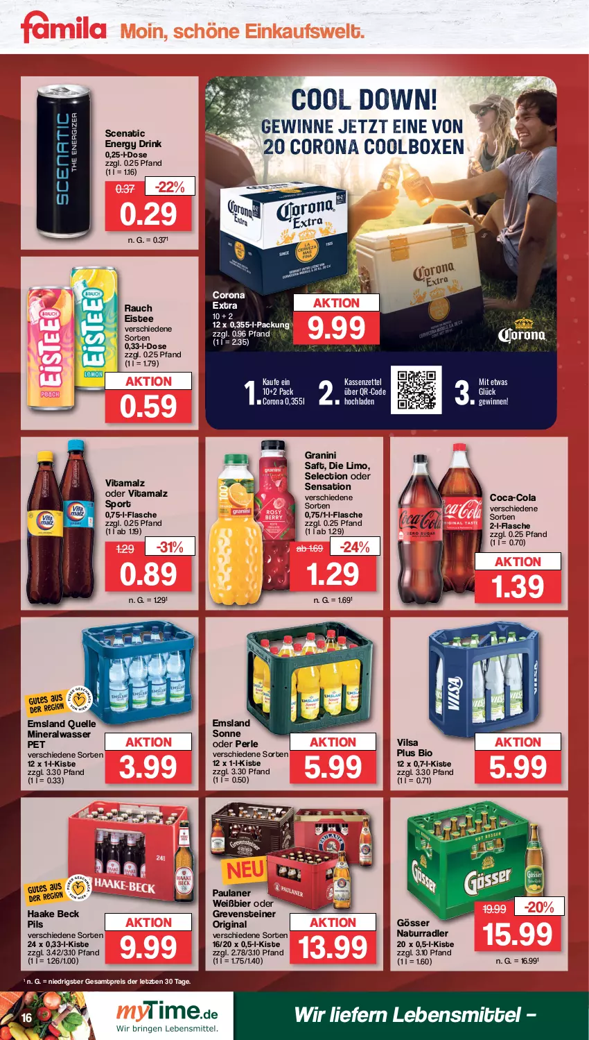 Aktueller Prospekt Famila - Prospekte - von 23.10 bis 28.10.2023 - strona 16 - produkty: Alwa, bier, bio, coca-cola, cola, corona, corona extra, drink, eis, eistee, elle, energy drink, flasche, gin, gösser, granini, grevensteiner, lebensmittel, limo, malz, mineralwasser, natur, Paula, paulaner, pils, radler, Rauch, reis, saft, Sport, steiner, tee, Ti, vilsa, vita, vitamalz, wasser, ZTE