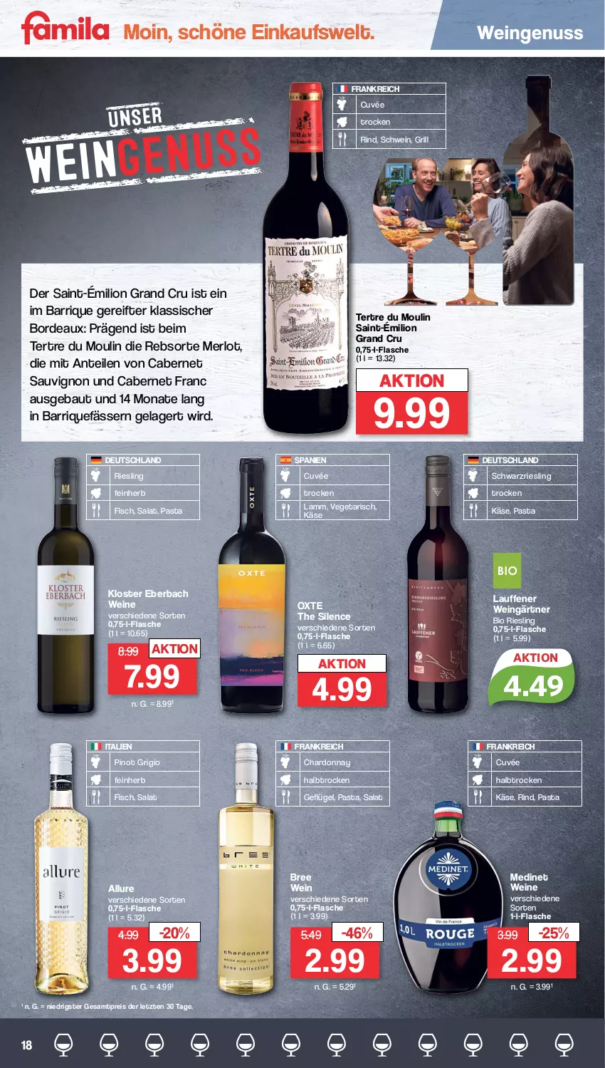 Aktueller Prospekt Famila - Prospekte - von 23.10 bis 28.10.2023 - strona 18 - produkty: Bau, bio, bree, cabernet, cabernet sauvignon, chardonnay, cuvée, eis, fisch, flasche, Geflügel, grill, Käse, Kloster Eberbach, lamm, lion, medinet, merl, merlot, nuss, pasta, Pinot, pinot grigio, reis, riesling, rind, salat, sauvignon, schwarzriesling, schwein, Ti, Vegeta, wein, weine, ZTE