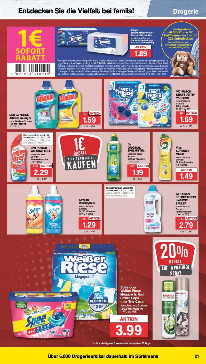 Aktueller Prospekt Famila - Prospekte - von 23.10 bis 28.10.2023 - strona 22 - produkty: allzweckreiniger, auer, bio, biozidprodukte, Bref, bref power, Brei, Cap, coupon, coupons, decke, Desinfektion, eis, erde, flasche, gewinnspiel, gin, Heu, kraft, megaperls, milch, Rauch, reiniger, reis, resa, rwe, scheuermilch, sofortrabatt, Softlan, spee, spülmittel, Strickdecke, Tasche, taschen, taschentücher, Tempo, Ti, tücher, wc frisch, WC Frisch Kraft Aktiv, weck, weichspüler, ZTE