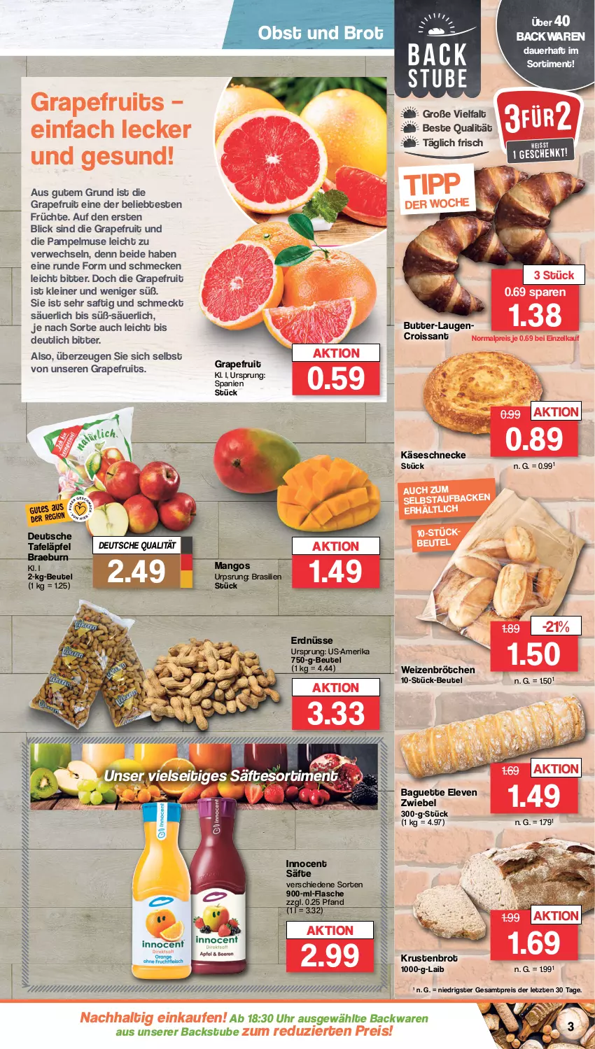 Aktueller Prospekt Famila - Prospekte - von 23.10 bis 28.10.2023 - strona 3 - produkty: auer, backwaren, baguette, beutel, brot, brötchen, butter, Croissant, eis, erdnüsse, flasche, früchte, grapefruit, Innocent, Käse, Käseschnecke, Krustenbrot, Laugencroissant, leine, mango, mangos, obst, reis, rwe, saft, säfte, stube, tafeläpfel, Ti, uhr, weizenbrötchen, ZTE, zwiebel