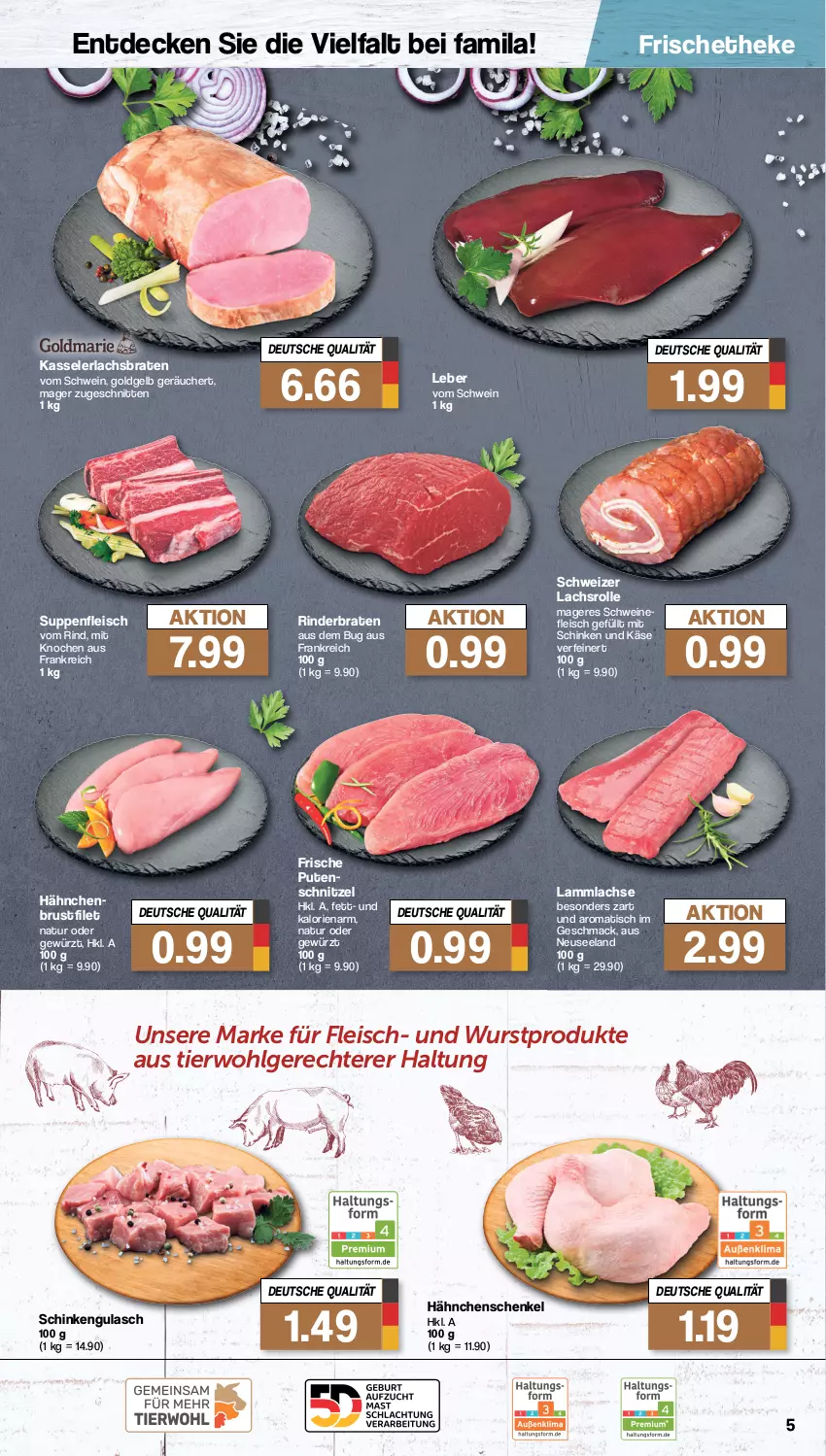 Aktueller Prospekt Famila - Prospekte - von 23.10 bis 28.10.2023 - strona 5 - produkty: braten, brustfilet, decke, eis, Elan, filet, fleisch, gewürz, gulasch, hähnchenschenkel, henkel, Käse, kasseler, lachs, Lachsbraten, Lachsrolle, lamm, lammlachse, LG, mac, natur, pute, rind, rinder, rinderbraten, schenkel, schinken, schnitten, schnitzel, schwein, schweine, schweinefleisch, suppe, suppen, suppenfleisch, Ti, tisch, wein, weine, wurst