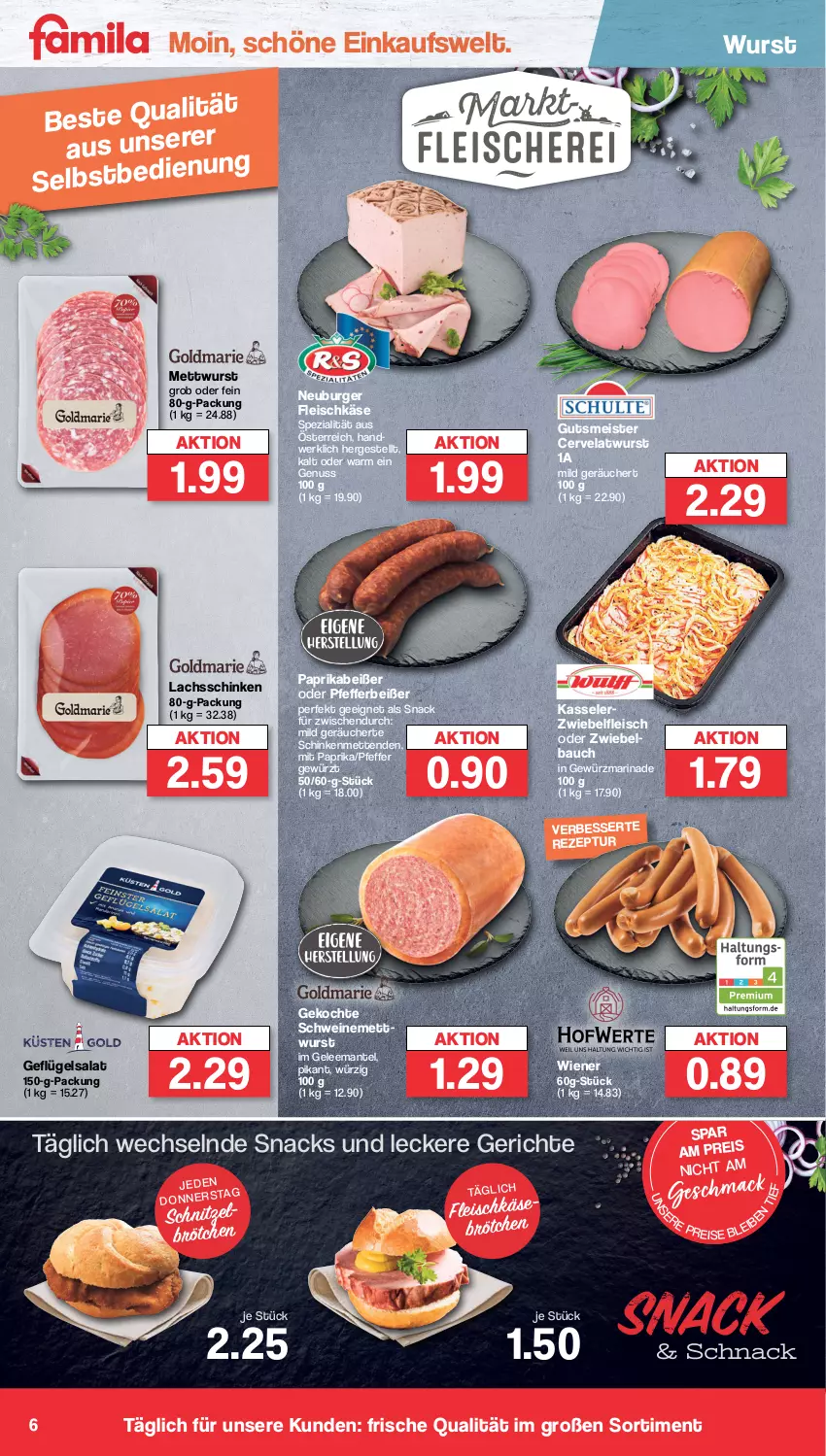 Aktueller Prospekt Famila - Prospekte - von 23.10 bis 28.10.2023 - strona 6 - produkty: Bau, brötchen, burger, eis, fleisch, fleischkäse, Geflügel, geflügelsalat, gelee, gewürz, Käse, kasseler, lachs, lachsschinken, mac, Mantel, marinade, Meister, Mett, metten, Mettenden, mettwurst, mit paprika, Neuburger, nuss, paprika, pfeffer, Pfefferbeißer, reis, rezept, sac, salat, schinken, schnitzel, schwein, schweine, schweinemett, snack, snacks, Spezi, tesa, Ti, wein, weine, wiener, wurst, zwiebel