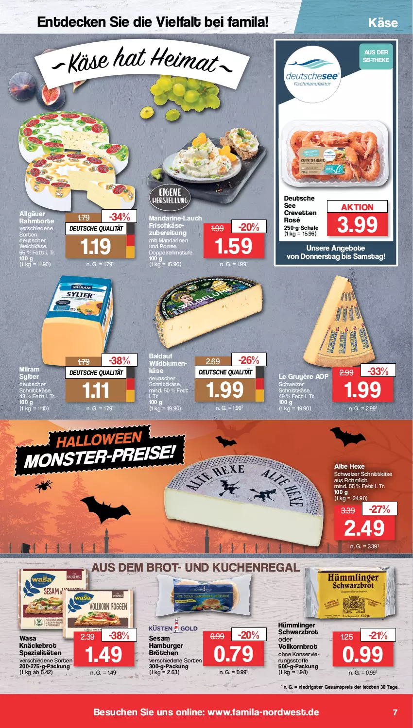 Aktueller Prospekt Famila - Prospekte - von 23.10 bis 28.10.2023 - strona 7 - produkty: angebot, angebote, blume, blumen, brot, brötchen, burger, decke, deutscher schnittkäse, deutscher weichkäse, doppelrahmstufe, eis, frischkäse, hamburger, hamburger brötchen, Käse, knäckebrot, korn, Kornbrot, kuchen, LG, mandarine, mandarinen, milch, milram, monster, regal, reis, Schal, Schale, schnittkäse, Schwarzbrot, schweizer schnittkäse, sesam, Spezi, Sylter, Ti, torte, vollkornbrot, wasa, weichkäse, Wild, Wildblumenkäse, ZTE