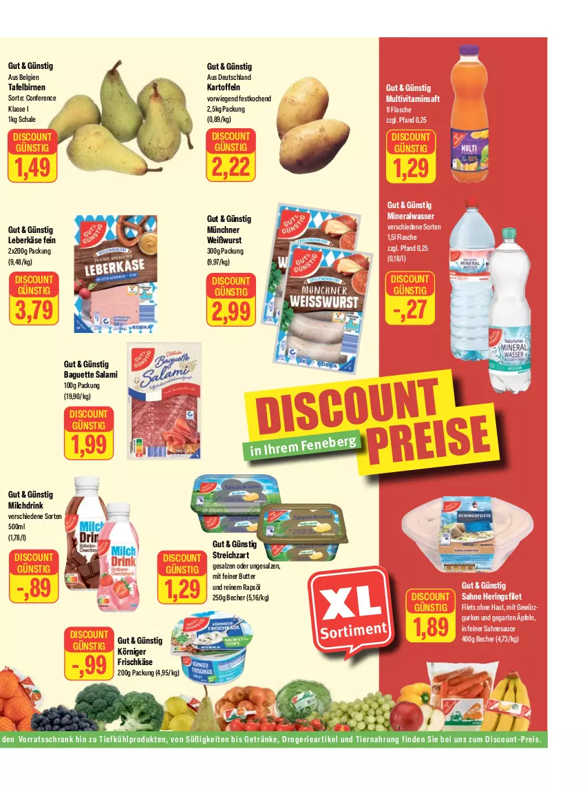 Aktueller Prospekt Feneberg - Prospekte - von 21.09 bis 23.09.2023 - strona 11 - produkty: Alwa, baguette, Becher, Birnen, butter, discount, drink, eis, filet, filets, flasche, frischkäse, Garten, getränk, getränke, gewürz, Gewürzgurke, gewürzgurken, gurke, gurken, hering, Herings, kartoffel, kartoffeln, Käse, leberkäs, leberkäse, LG, milch, mineralwasser, Multivitaminsaft, rapsöl, reis, ring, saft, sahne, salami, salz, sauce, Schal, Schale, Schrank, Streichzart, tafelbirnen, Ti, tiernahrung, vita, vorratsschrank, wasser, Weißwurst, wurst